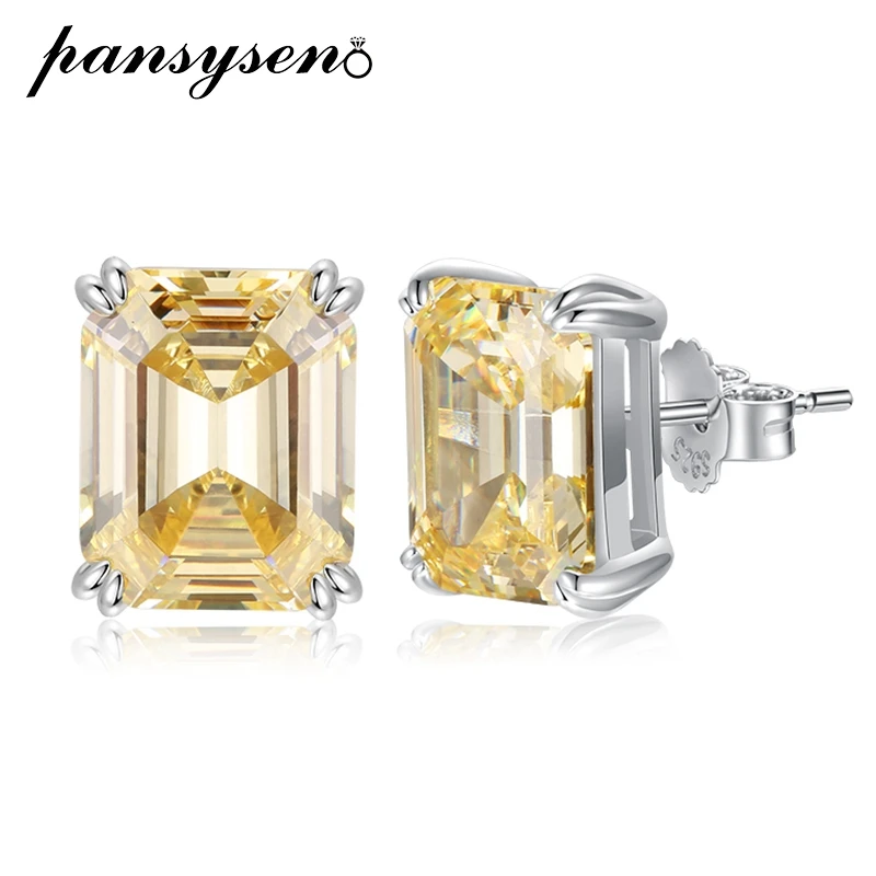 PANSYSEN 100% 925 Sterling Silver Asscher Cut Citrine High Carbon Diamond Wedding Party Stud Earrings for Women Drop Shipping