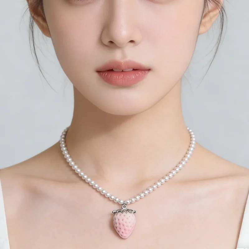 Minar Kawail Multiple Pink Gradient Color Plush Velvet Strawberry Simulated Pearl Rhinestone Pendant Necklaces for Women Chokers