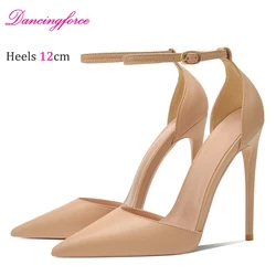Beige Matte Leather 8cm 10cm 12cm Sexy Leather Women Ankle Strap Stiletto Pumps Pointed Toe Sexy High Heel Shoe Customize 34-46