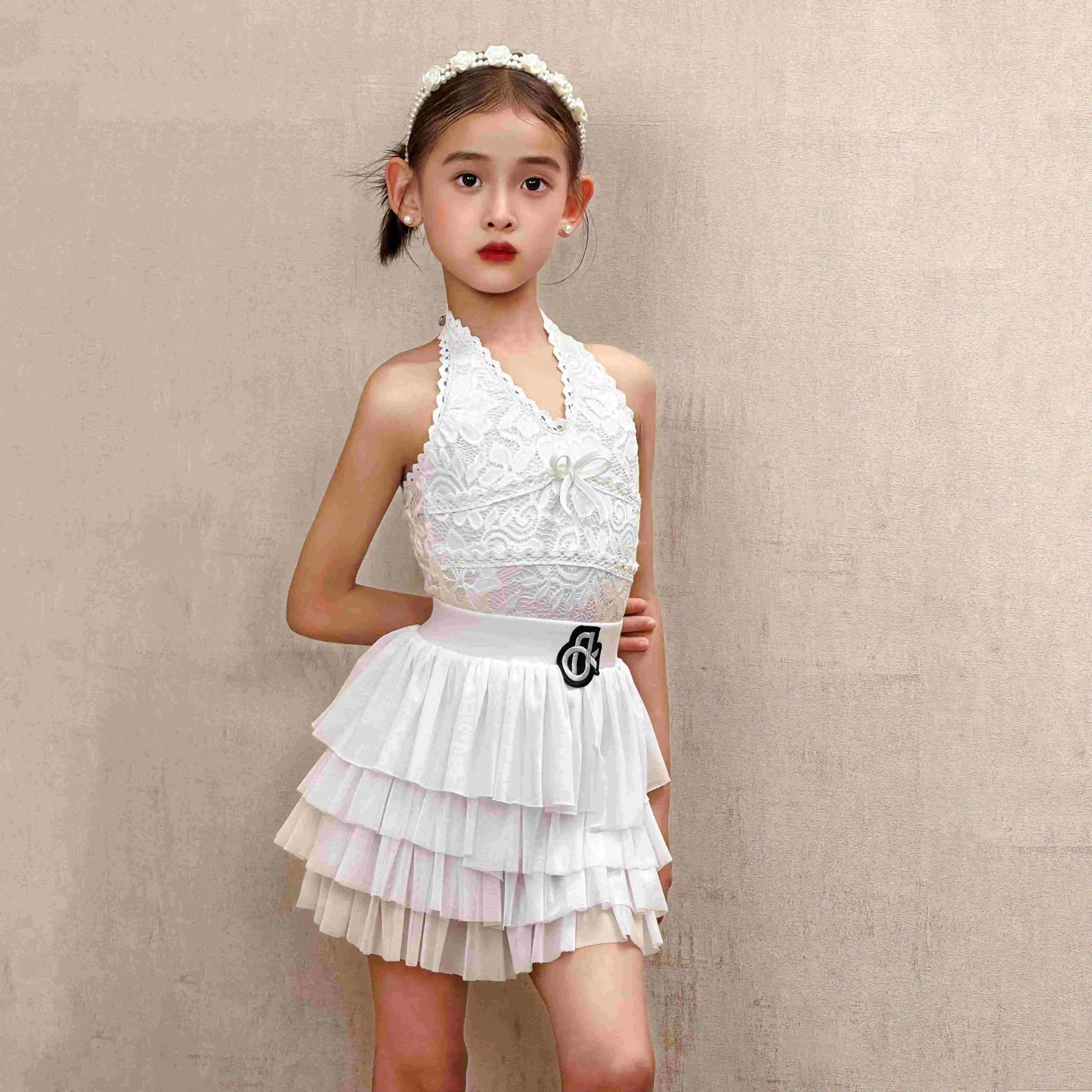 

2025 Summer Girls Chacha Latin Dance Competition Dresses Kids Performance Dancing Suits White Samba Top Cake Skirt SL12937