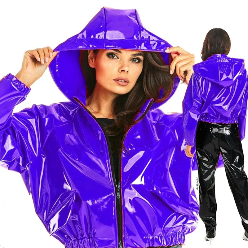 Women PVC Patent Leather Jacket Casual Latex Sweatshirts Coat Shiny PU Loose Crop Tops Plus Size Zip-up Hoodies Nightclub Custom