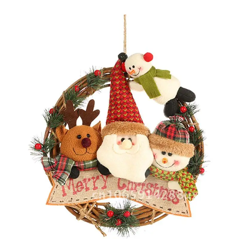 

Christmas Decorations Elderly Snowman Elk Rattan Ring Pendant Wreath Ornaments Door Hanging Wall Art Pastoral Style