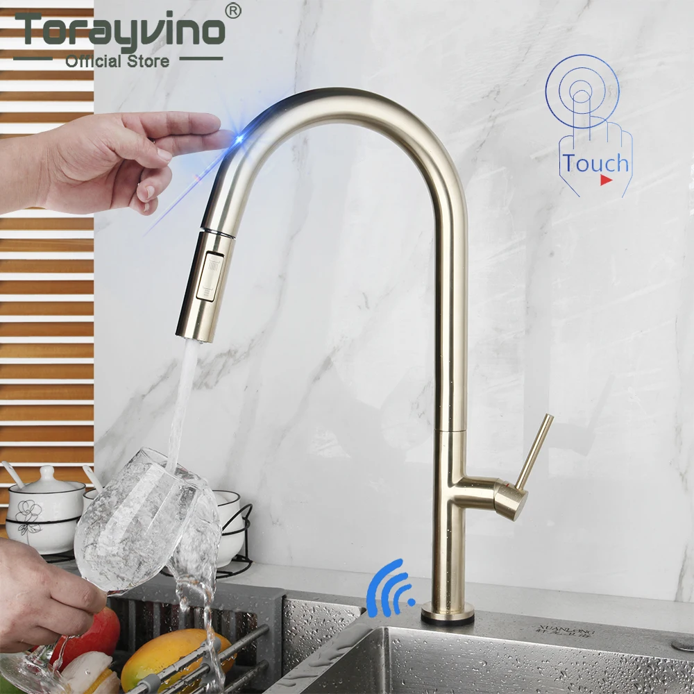 Torayvino Smart Touch Kitchen Faucet Brushed Gold Pull Out Sensor Faucets Sink Crane 2 Outlet Water Mixer Tap Robinets Cuisine