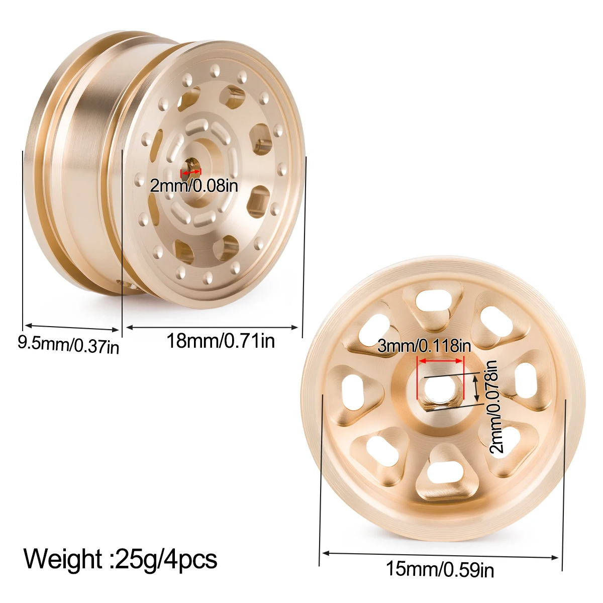 Axial SCX30 0.7인치 황동 휠 업그레이드 4개 1/30 스케일 포드 브론코 4X4 및 지프 랭글러 JLU RC 트럭용