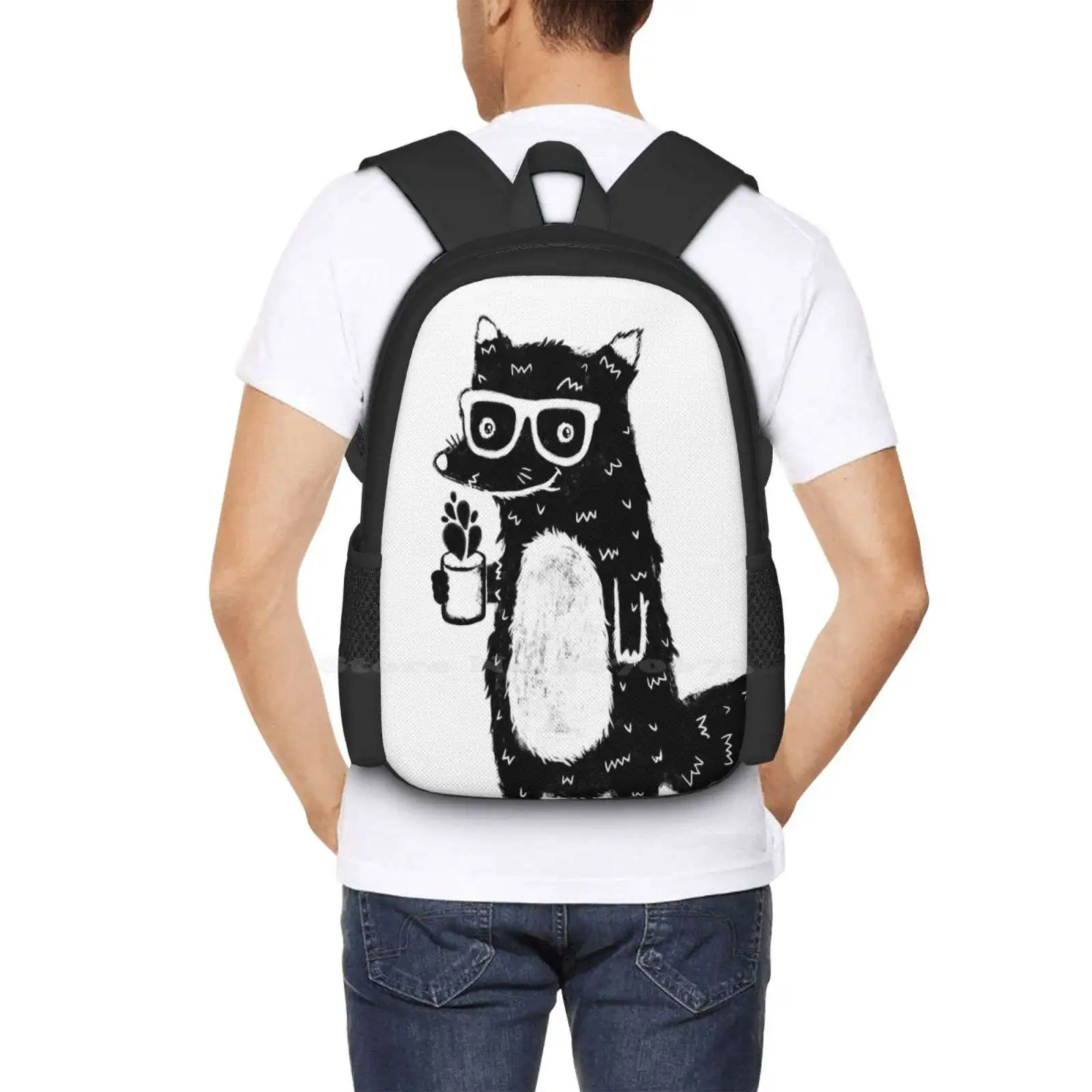 Mochila de zorro para estudiante, bolsa de viaje para ordenador portátil, dibujos animados de zorro, taza de té, café, capuchino, Latte, gafas Hipster salvajes