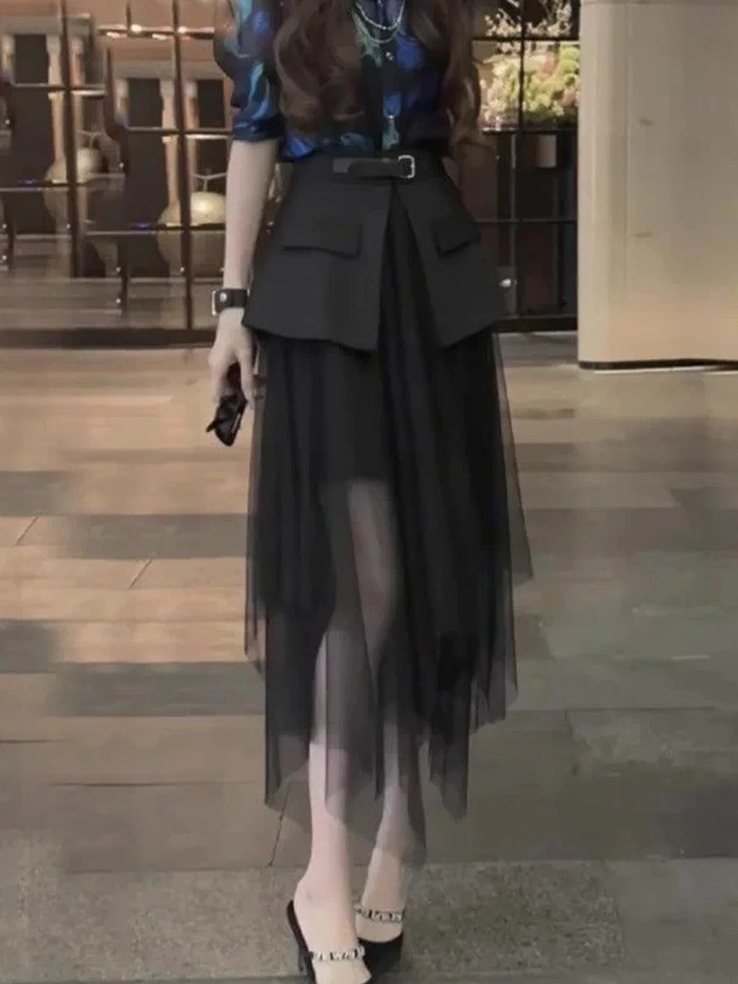 Black Mesh Splice A-Line Midi Skirt Women's Fashion Autumn New Style Asymmetric Design Sensation Elegance Minor Crowd