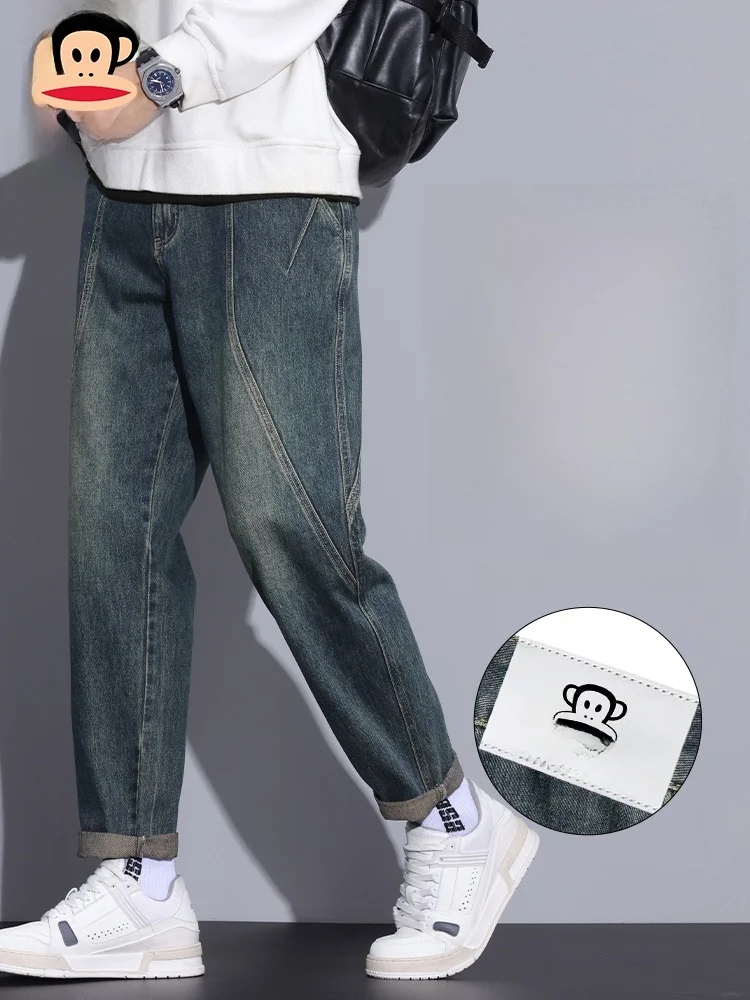 

Мужские джинсы PaulFrank с завышенной талией, прямые, с эффектом потертости, весенняя новинка, американское ретро, свободный крой, конусообразная форма, с эффектом потертости