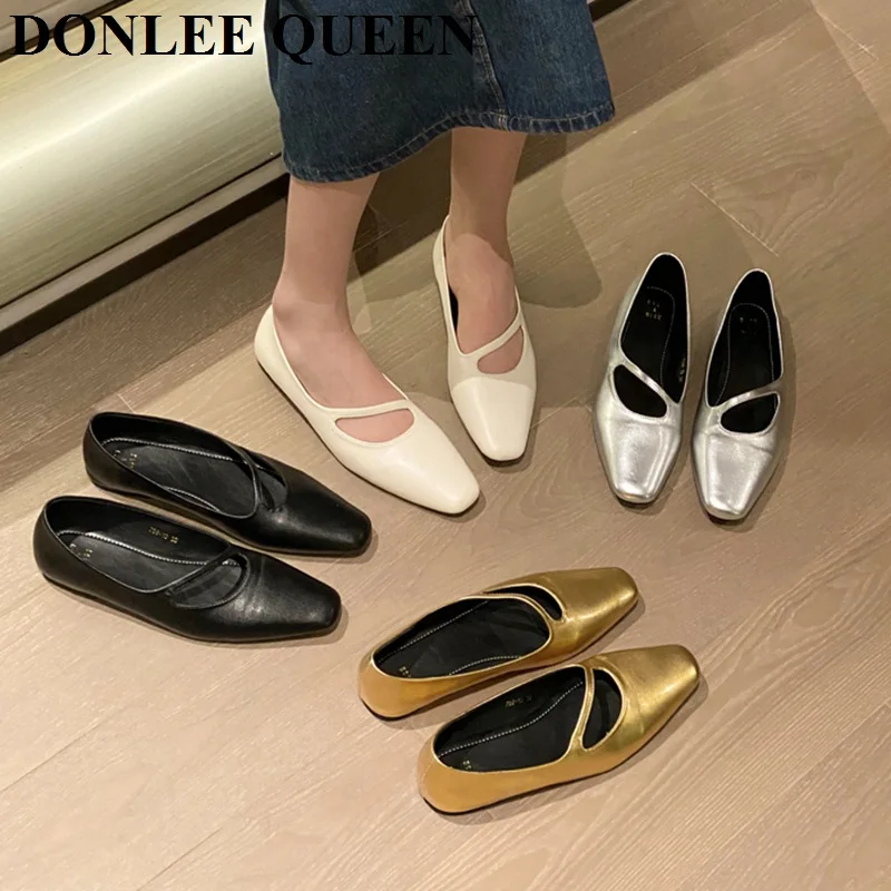 2023 New Autumn Flats Ballerina Shoes Women Fashion Brand Square Toe Ballet Shoes Female Casual Loafer Gold Sliver Zapatos Mujer