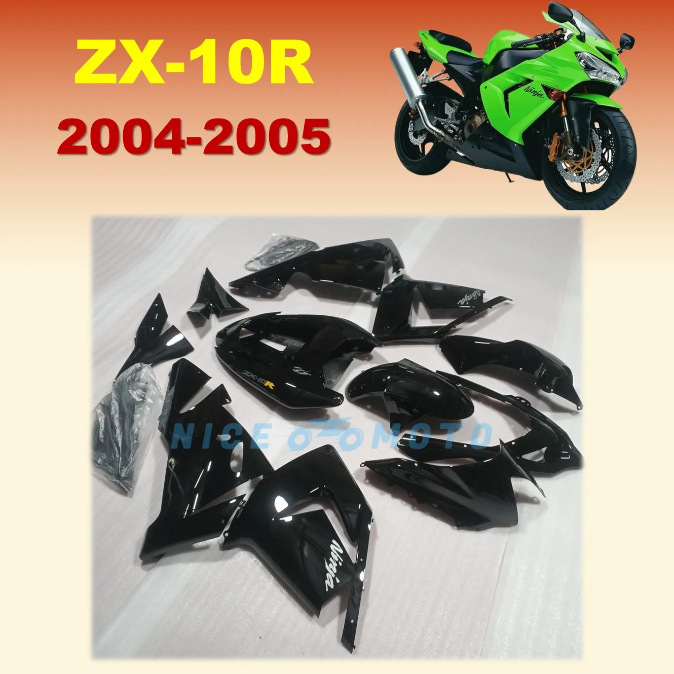 New Fairing Kits for  Ninja ZX10R ZX1000C  ZX-10R ZX 10R 2004 2005 Black Fairing White stickers