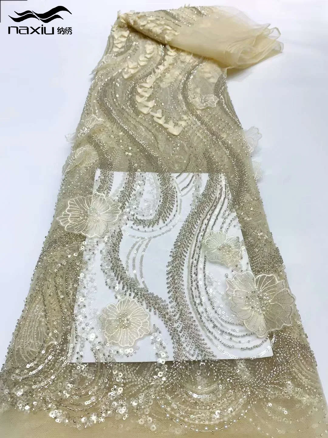 

Madison 2024 High Quality Embroidered African Sequins Groom Lace Fabric French Tulle 3D Beads Lace Fabrics For Nigerian Wedding