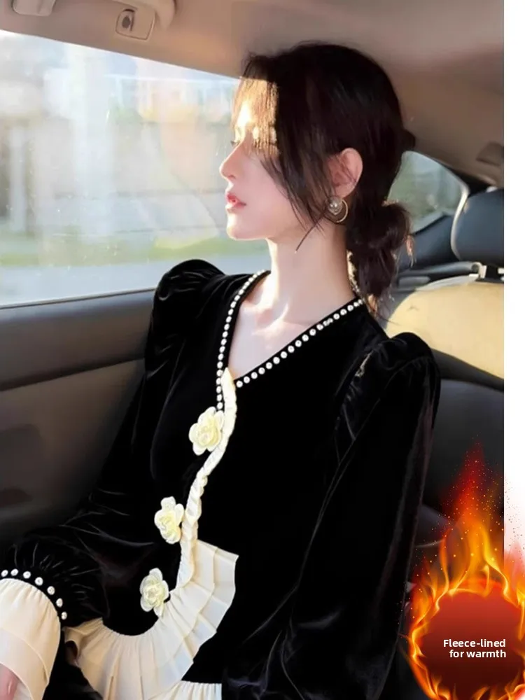 

Velvet Shirt Women's Autumn Winter V-neck Padded Bell Sleeve Splicing Slim Fit Fashionable plus Size Silk Blouse