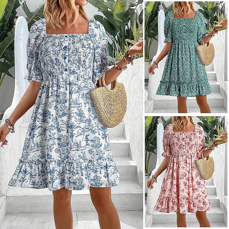 

Summer Dresses for Women Short Sleeve Square Neck Bohemian Floral Print Sundresses Jumpsuit Playsuit Matching Set