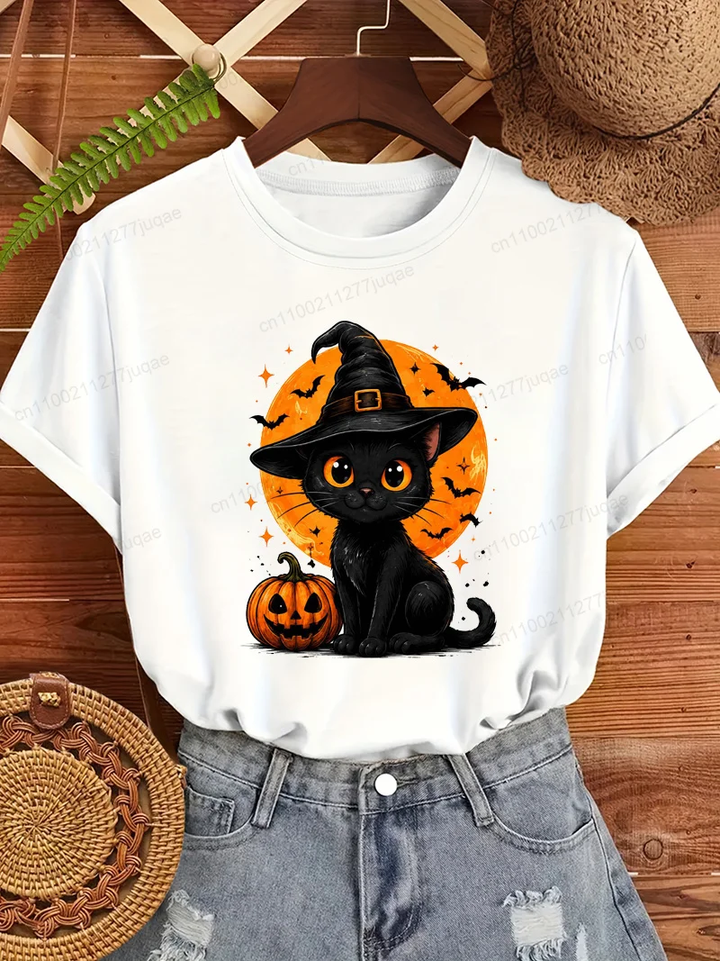 Halloween Black Cat Witch Hat T‑Shirt Pumpkin Bat Full Moon Graphic Tees Women Casual Short Sleeve Tops Holiday Party T Shirts