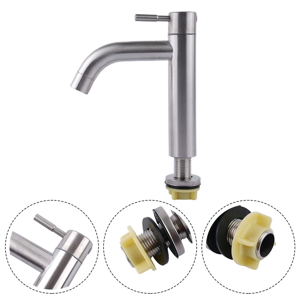 

~1pc Stainless Steel Silver Single Cold Sink 1Faucet Replacement Bathroom 1Counter Basin Faucet Kitchen Accessories