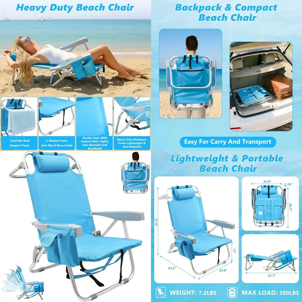 

Portable Heavy-Duty Reclining Beach Chair with Backpack Straps and Pocket, Supports 300LBS