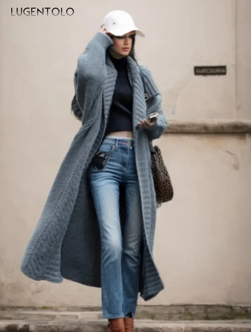 Women Lapel Long Sweaters Knitted Cardigan Autumn Winter New Loose Female Casual Simple Elegant Street Clothing