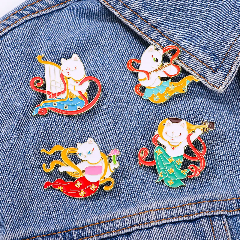 Creative Dance Cat Brooch Harp Lute Flute Dunhuang Flying Series Cartoon White Cat Metal Enamel Pin Badge Lapel Jewelry Gift