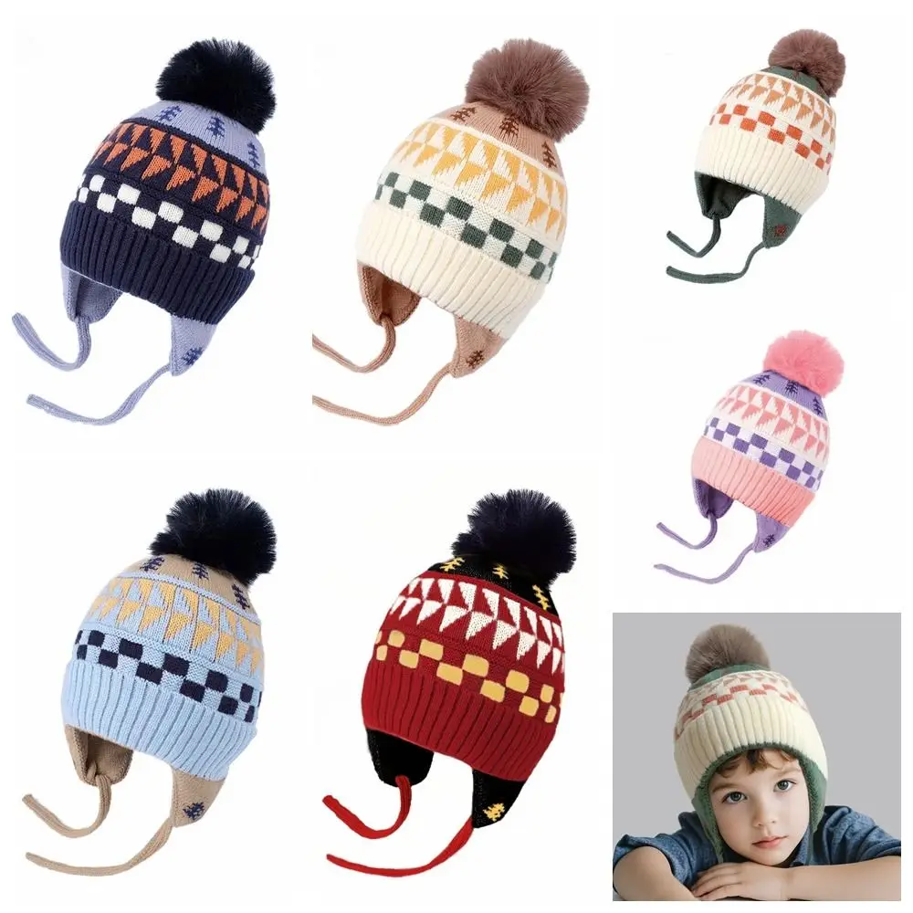 

Cute Jacquard Baby Knitted Hat Hairball Warm Children Beanies Cap Thicken Ear Protection Kids Earmuffs Cap Outdoor