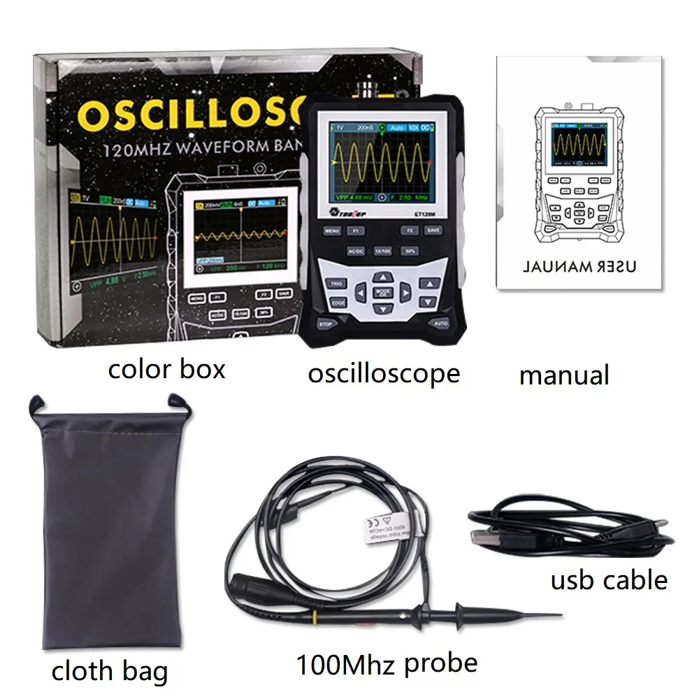 TOOLTOP ET120M 500MS/s 120MHz Portable Digital Oscilloscope Auto Laboratory Scope for Electrical Repair USB Oscilloscope Tools