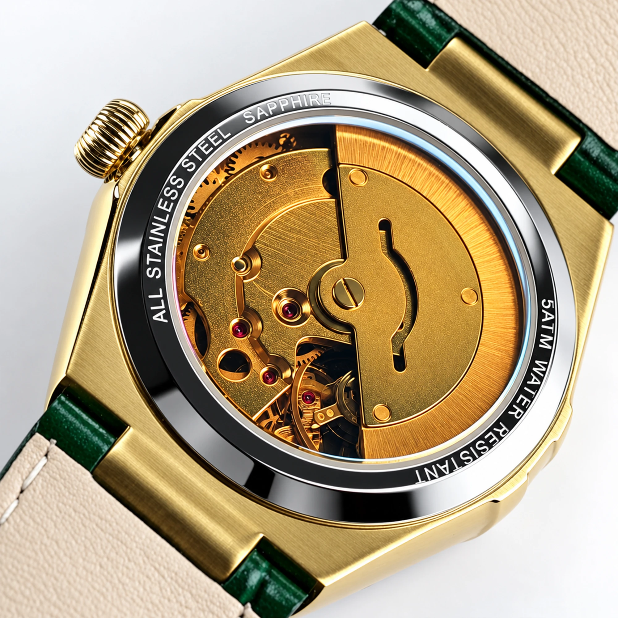 HRUODLAND Luxury Women Automatic Mechanical Watch Diamond Bezel Constellation Style Sapphire Crystal Leather Strap Gift Elegant