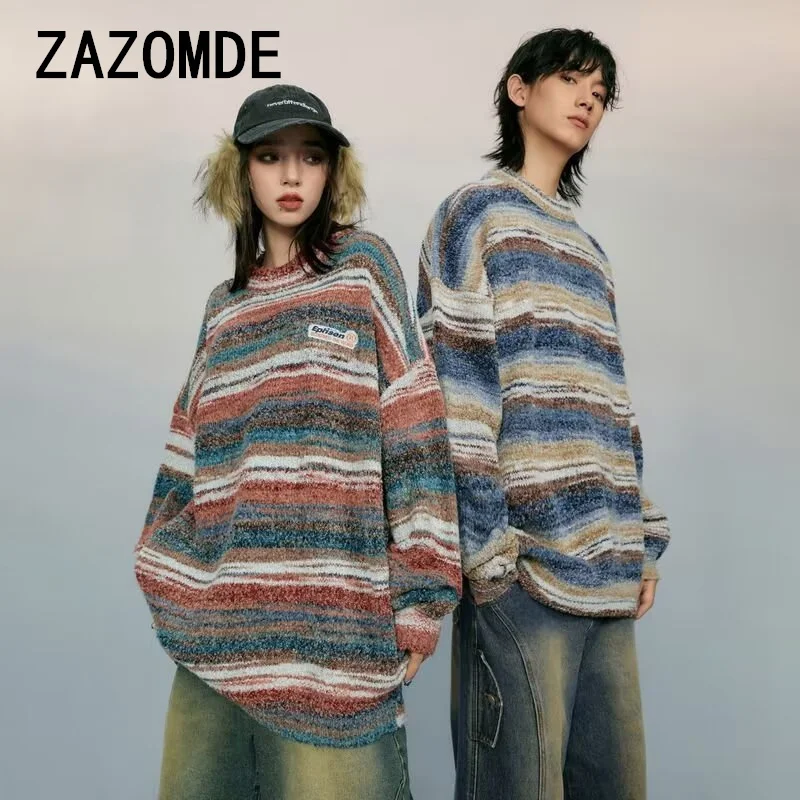 ZAZOMDE 2024 Autumn Winter New Arrival Fashionable Trendy Striped Knit Pullover Vintage Color Blocking Design Unisex Couple Tops