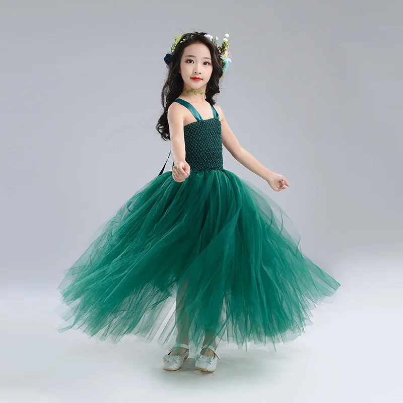 Girl Clothes Fairy Cosplay Outfits Dark Green Children Birthday Party Dresses