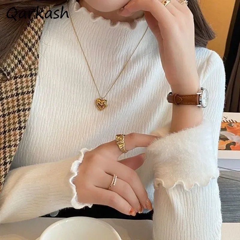 

Pullovers Women Autumn Winter Ruffles Mock-neck Knitting Chic Casual All-match Solid Sweaters Basic Simple New Plus Velvet Warm