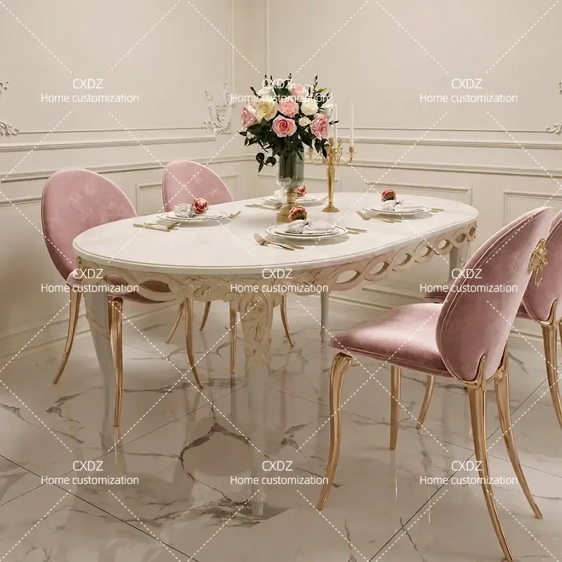 Oval Solid Wood Dining Table with Marble Top Neoclassical Carved Design Dining Table and Chair Set for Home Kitchen