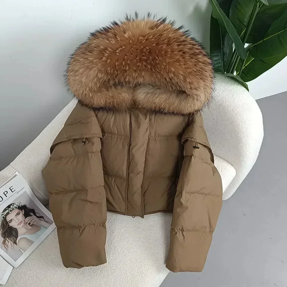 Real Raccoon Fur Collar Hooded Fashionable Streetwear Outerwear Autumn Winter Women Detachable Sleeve Jacket Duck Down Loose