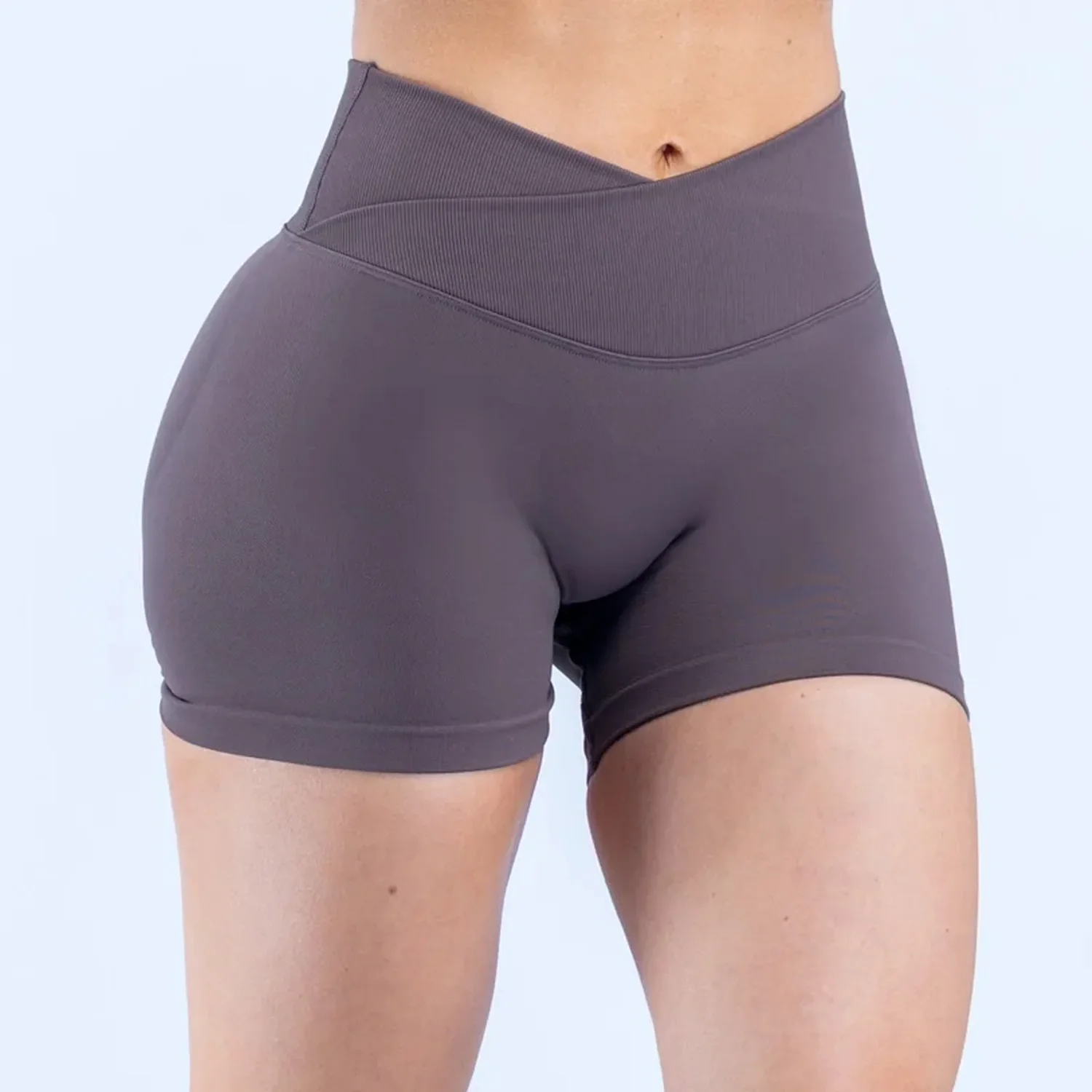 LOGOCustom Logo Women Seamless Knitted Cross Waist Yoga Shorts High Waist Peach Hip 3 Point Shorts Fitness Running Sports Shorts