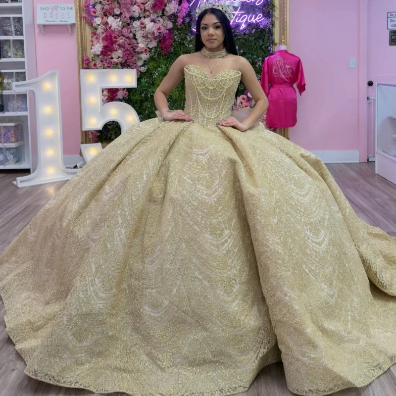

Shiny Champagne Quinceanera Dresses Off the Shoulder Glitter Decal Beadwork Long tail Bow Vestido De 15 Quinceanera Customize