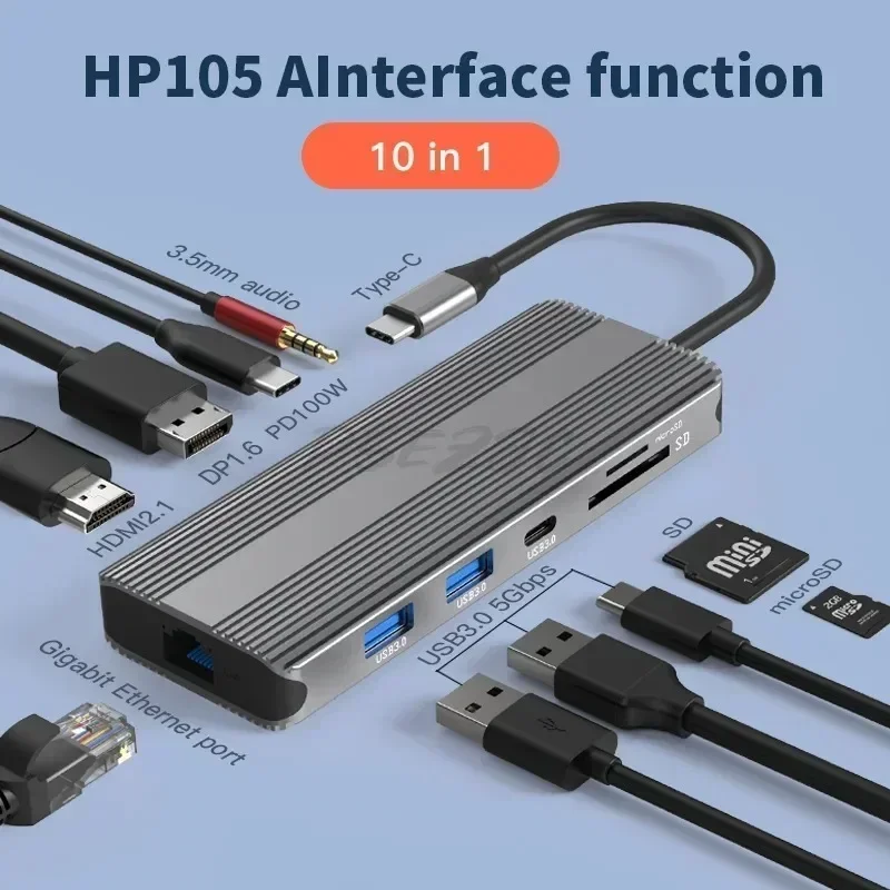 8K Ultra HD Type-C Dock HDMI 2.1+DP1.4 Multi Screen Display Ten in One USB Hub Expander