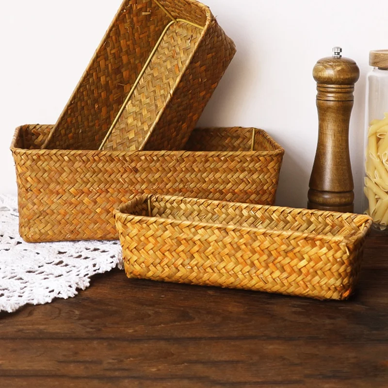 Seagrass Weaving Storage Basket Fruit Bread Snack Storage Box Wicker Woven Rattan Sundries Organizer Makeup Desktop Weave Box