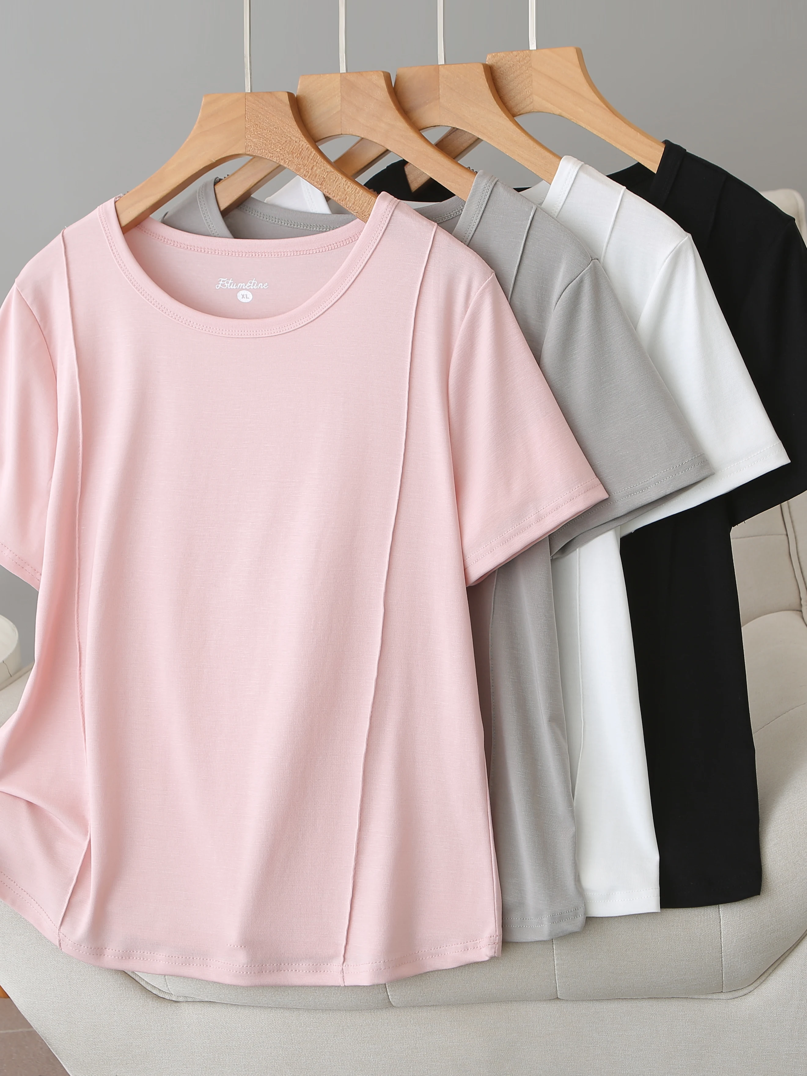 2026 New Simple Style Women's Short Sleeve T-Shirt Summer plus Size Belly Covering Slim round Neck 3D Stitching Half Sleeve Top