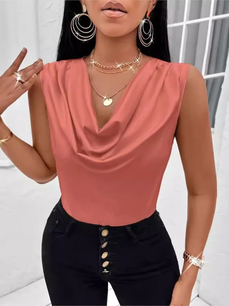 봄 여름 여성 의류 새로운 패션 던지기 칼라 조끼 새틴 탑 여성 슬림 맞는 섹시한 민소매 티셔츠
