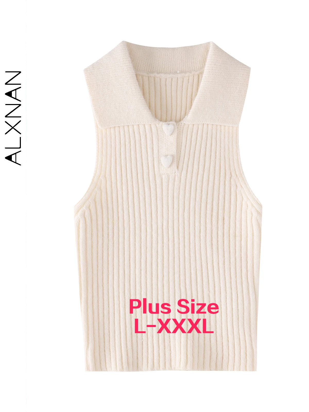 

ALXNAN Plus Size Sweater Vests 2025 Fall Winter Lapel Collar Heart Buttons Knit Vest Women's Elegant Sleeveless Garment D07861MJ