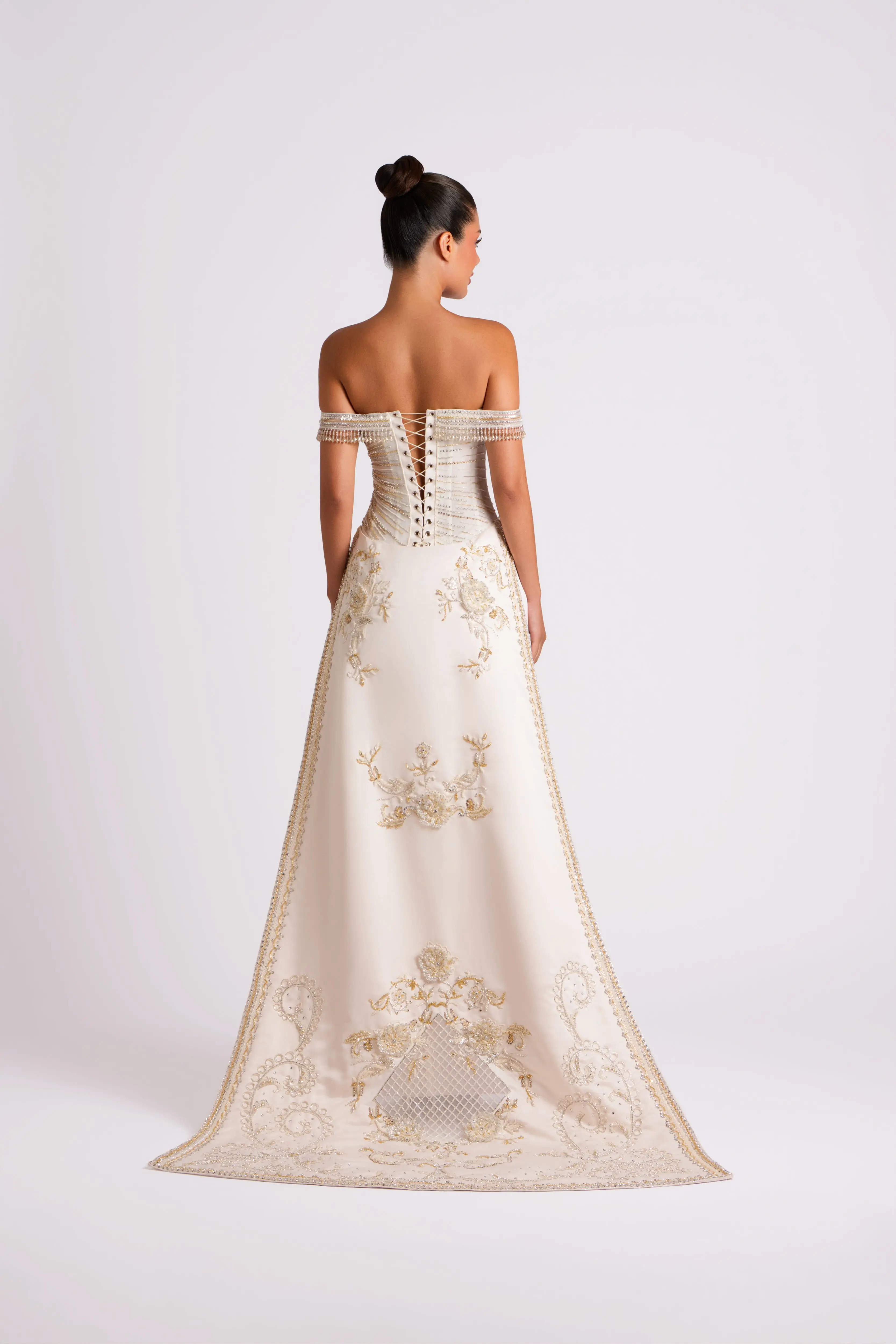 LumiGown 2026 Off Shoulder Champagne Wedding Gown Hand Gold Beaded Floral Embroidery Lace Up Back Mermaid Bridal Dress Trains