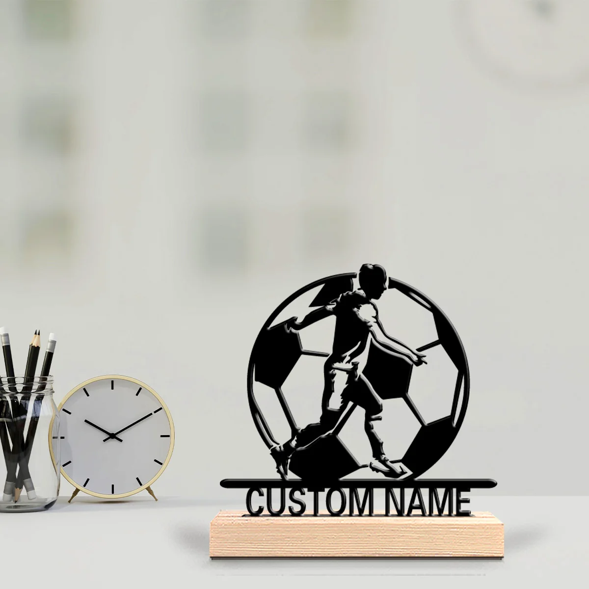 1pc Fashion soccer football Custom Text Tin Statue Art Figurine With Wood Base Iron Sculpture For Friend Gifts