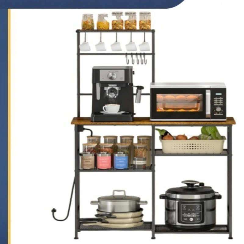 رف فرن الميكروويف للمطبخ، وعاء من الحديد المطاوع من الأرض إلى السقف، رف فرن ميكروويف متعدد الوظائف للتخزين مع مقبس طاقة #1