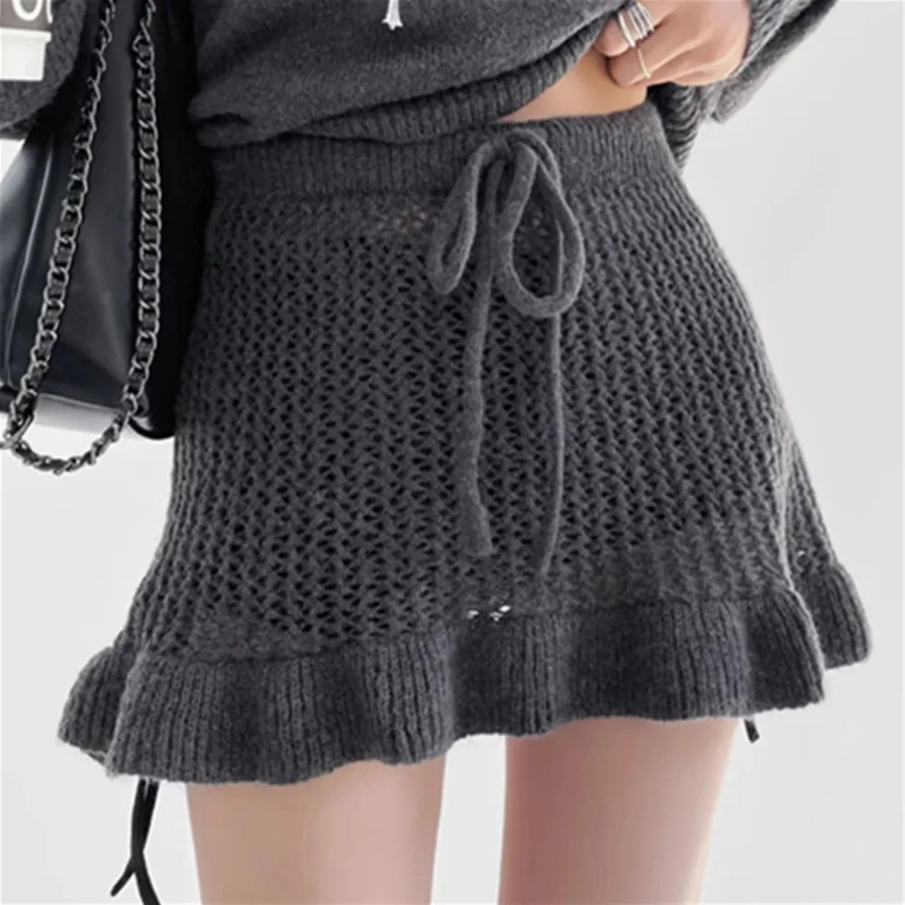 

New In 2025 Women's Spring Fall Sexy High Waist Knitted Hollow Out See Through Lace Up Short Skirt