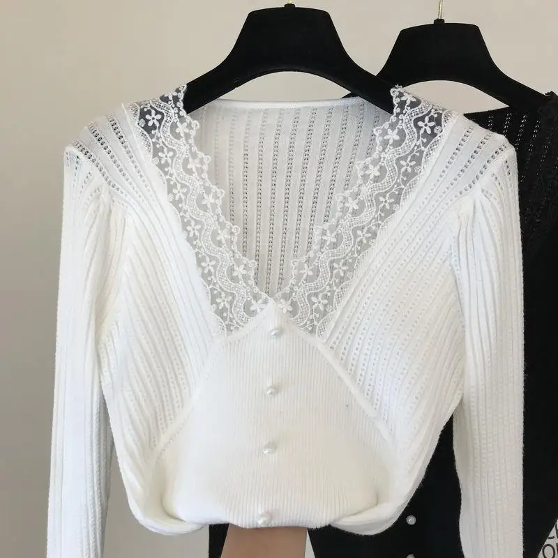 Sweet Sexy Lace Shirt V Neck Black White Crop Sweater Jersey Sueter Mujer Jumper Spring Outwear Pullover Sweaters Knitted Top