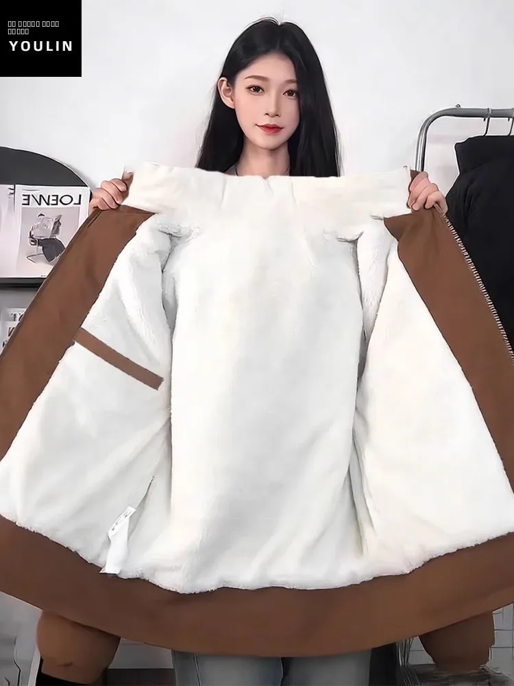 

Коричневая куртка из овечьей шерсти, зимнее теплое утолщенное хлопковое пальто с воротником-стойкой, молодежная повседневная верхняя одежда на молнии