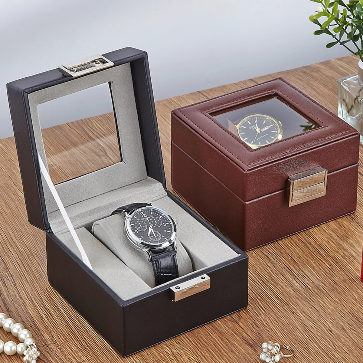 

Коробка для часов, органайзер для хранения часов, футляр для демонстрации часов со стеклянной крышкой, роскошный футляр из искусственной кожи для защиты часов.