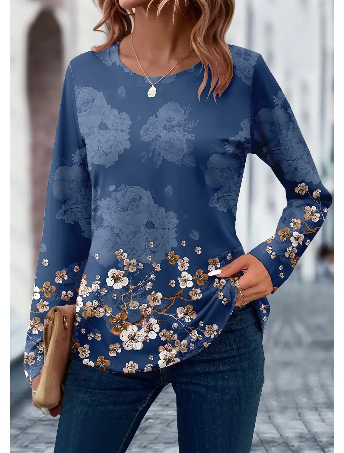 Women's Plus Size T shirt 3D Print Floral Leaf Design Long Sleeve Daily Weekend Fashion Round Neck Regular Fit Spring & Summer