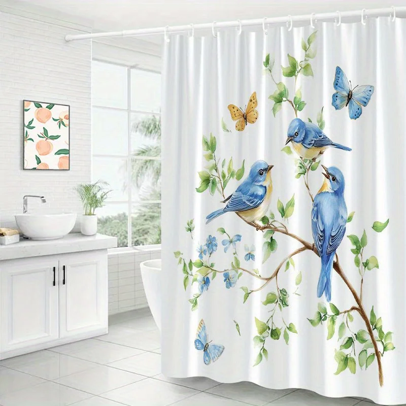 1pc Whimsical Watercolor Blue Birds & Butterflies Shower Curtain - Vibrant Nature Illustration with Colorful Birds on Branch, Gr
