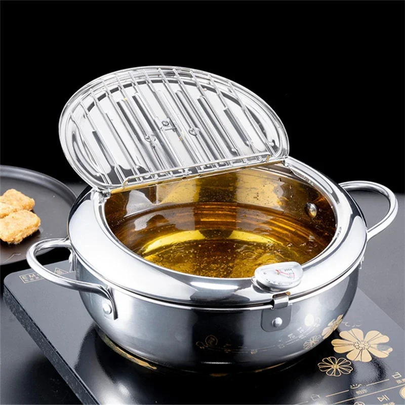 304 Stainless Steel Kitchen Tempura Fryer Pan 20 24 cm pots Japanese Pans Deep Frying Pot with a Thermometer and a Lid