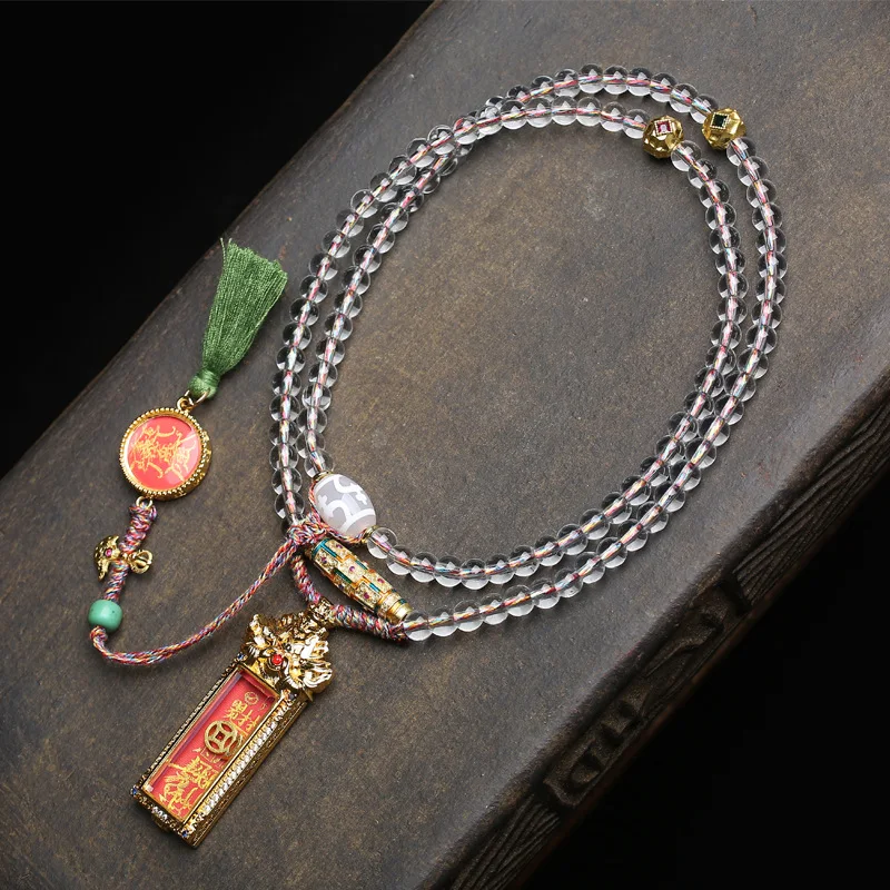 Original Chinese-style white glass sweater chain with Zhao Gongming hand-painted thangka pendant and nine-eyed copper dzi bead a