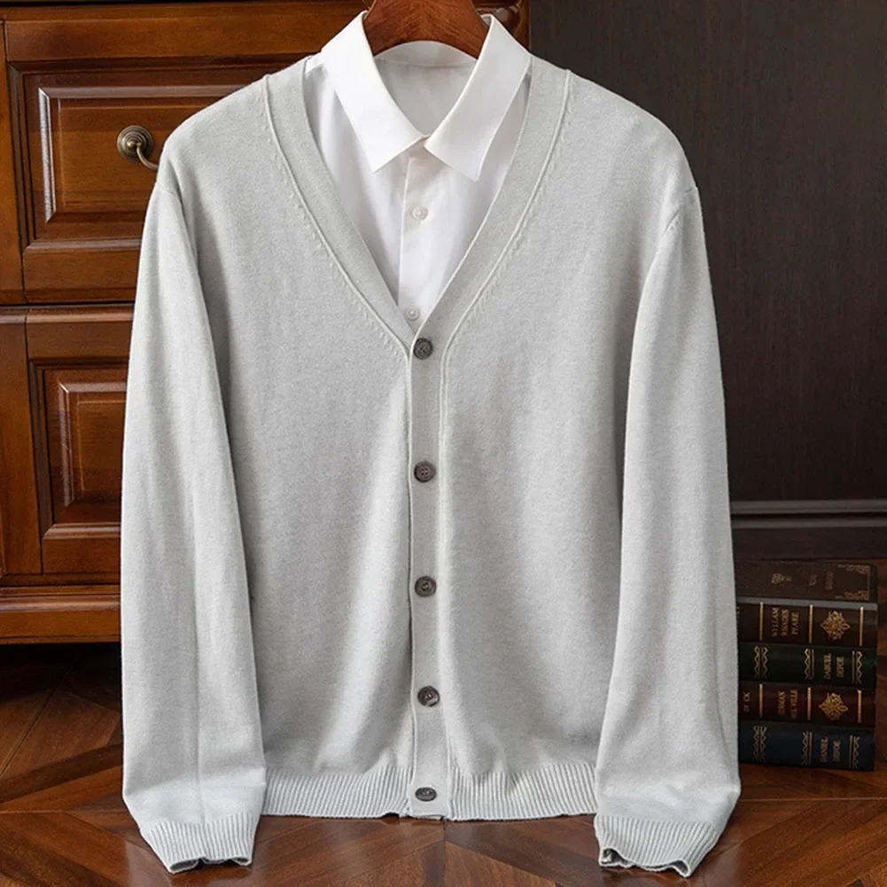 Men Classic Solid Color Knitted V-neck Cardigan Warm Baggy Sweater High End Coat