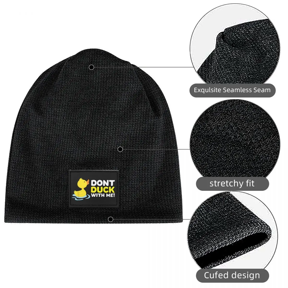 Duck Dont Rubber Waffle Knit Fleece Lined Beanie with PU Leather Patch Unisex Warm Winter Soft Cap
