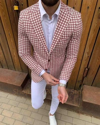 Check Men Blazer for Wedding Plaid Notch Lapel Two Buttons Pink Houndstooth Suit Jacket Stock Classy Male Fashion 1 Pc Coat 2024